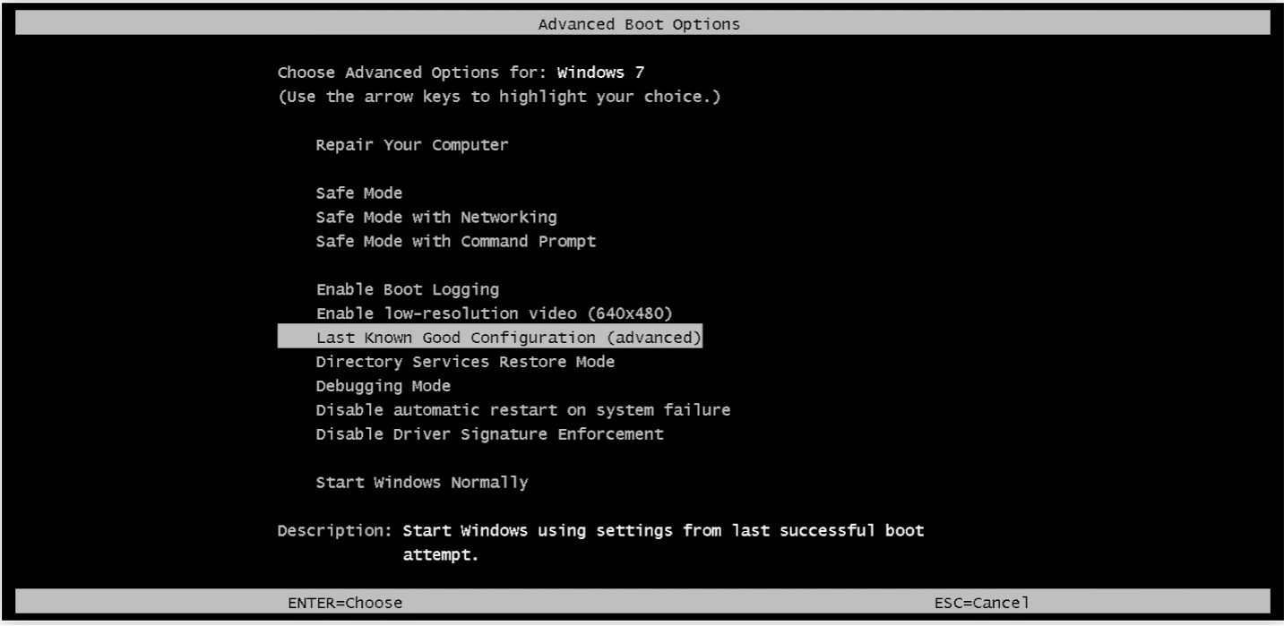 last known configuration windows-7