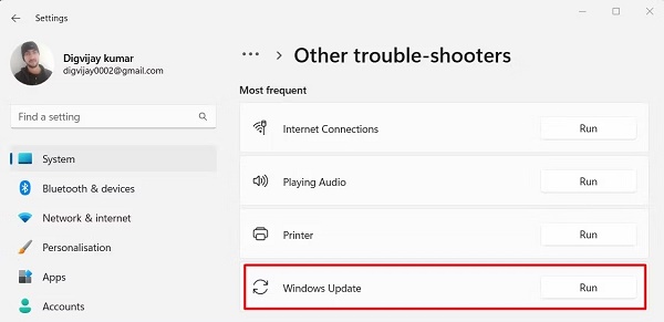 選擇「Windows Update」並點擊「執行疑難排解」