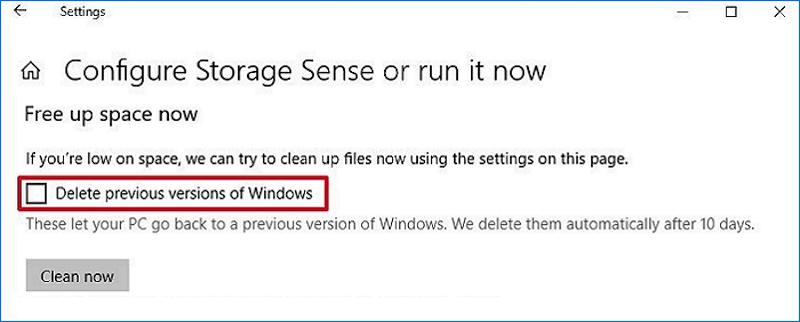 選擇「刪除以前版本 Windows」並點擊「立即清理」