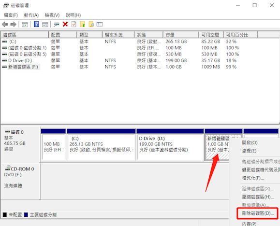 磁碟管理刪除磁碟區