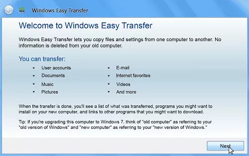 選擇「Windows 輕鬆傳送」